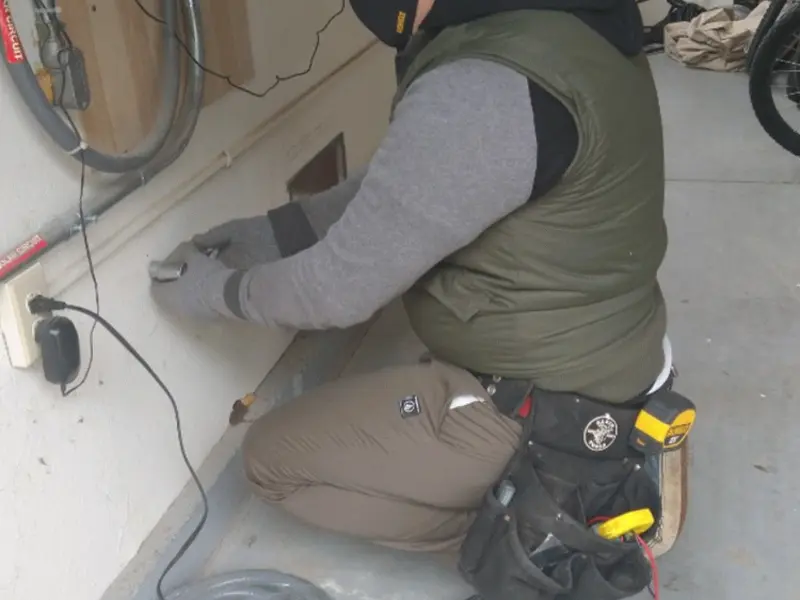 Electrician performing outlet wiring in a Lake Elsinore garage